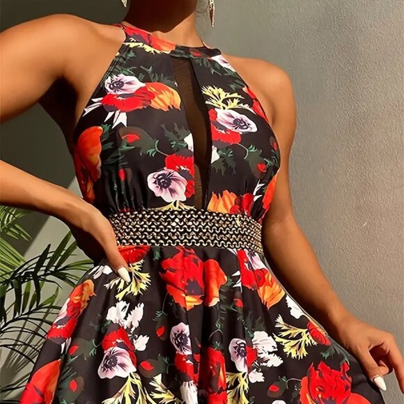 Women Plus Size One-Piece Tankini Halter Neck Flattering Skirted Swimsuit 18W - Picture 1 of 12